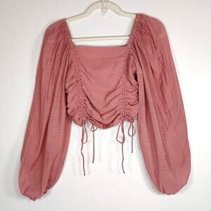HYFVE Blush Pink Ruched Peasant Top Puff Sleeve Boho Crop M Fairycore